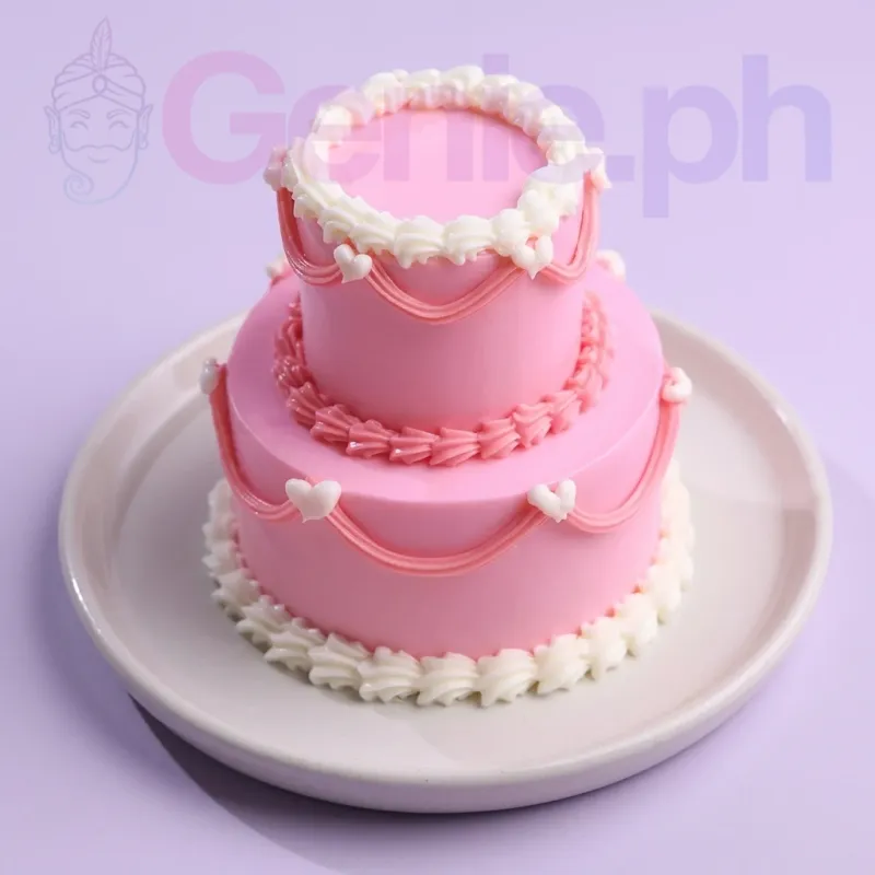 A pink and white two-tier minimalist cake, adorned with delicate piped icing borders, white heart accents, and pink swags. A pink and white two-tier minimalist cake, adorned with delicate piped icing borders, white heart accents, and pink swags.