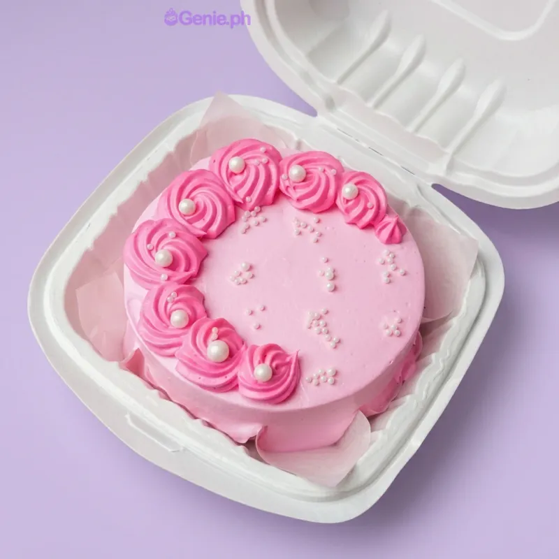 Pink bento cake with piped rosettes and white pearl sprinkles in a white container Pink bento cake with piped rosettes and white pearl sprinkles in a white container