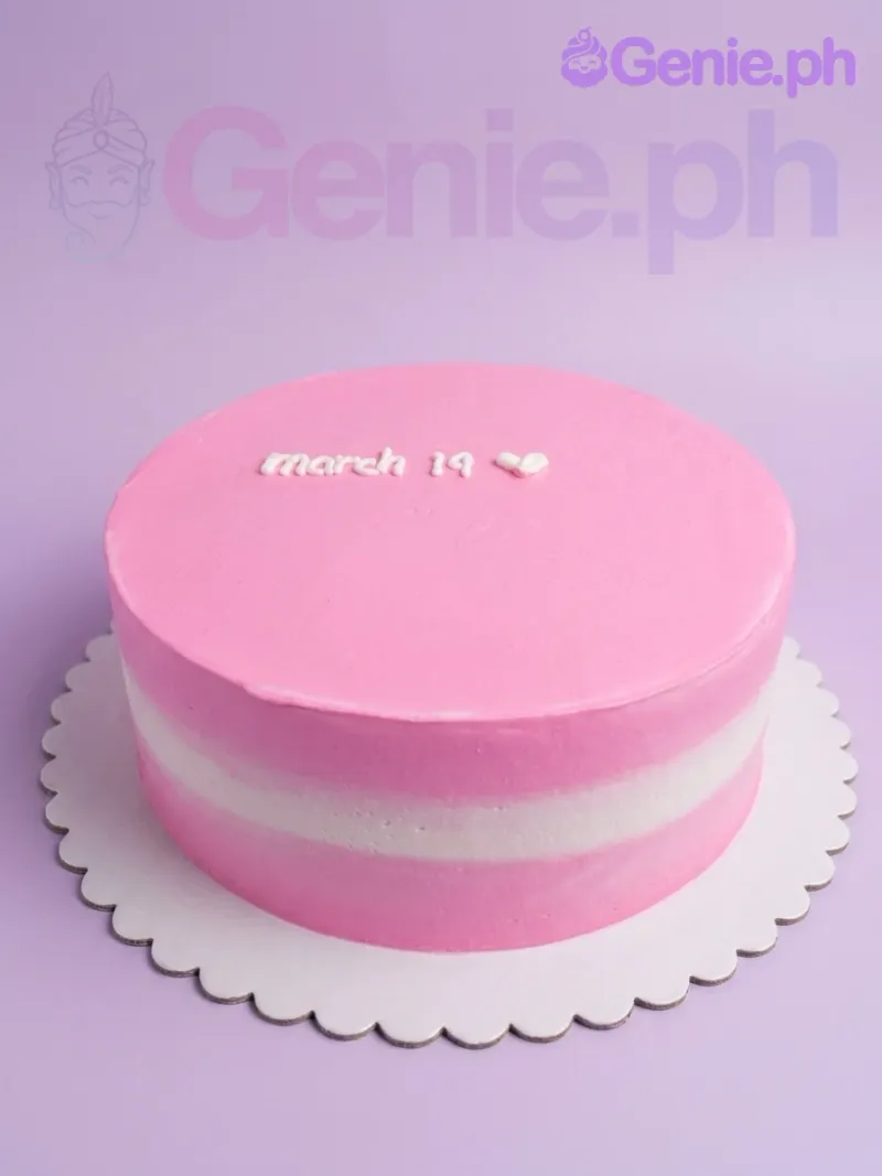 A pink and white 1-tier minimalist cake, featuring a white horizontal stripe, 'march 19' message, and two small white hearts. A pink and white 1-tier minimalist cake, featuring a white horizontal stripe, 'march 19' message, and two small white hearts.