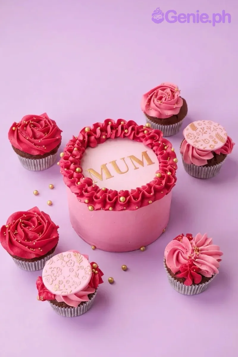 A pink and gold 1-tier cake themed for Mum, featuring a gold "MUM" message, hot pink ruffled border, and gold dragees. A pink and gold 1-tier cake themed for Mum, featuring a gold "MUM" message, hot pink ruffled border, and gold dragees.