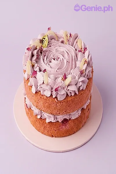Pink naked cake with light pink icing swirls, dried fruit accents, and a slice served on a side plate Pink naked cake with light pink icing swirls, dried fruit accents, and a slice served on a side plate
