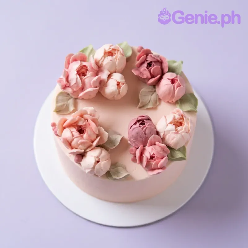 A light pink 1-tier round cake themed around Pink Peony Floral, featuring edible gumpaste peonies and green leaves, with 'Happy Birthday Yeeun' text. A light pink 1-tier round cake themed around Pink Peony Floral, featuring edible gumpaste peonies and green leaves, with 'Happy Birthday Yeeun' text.