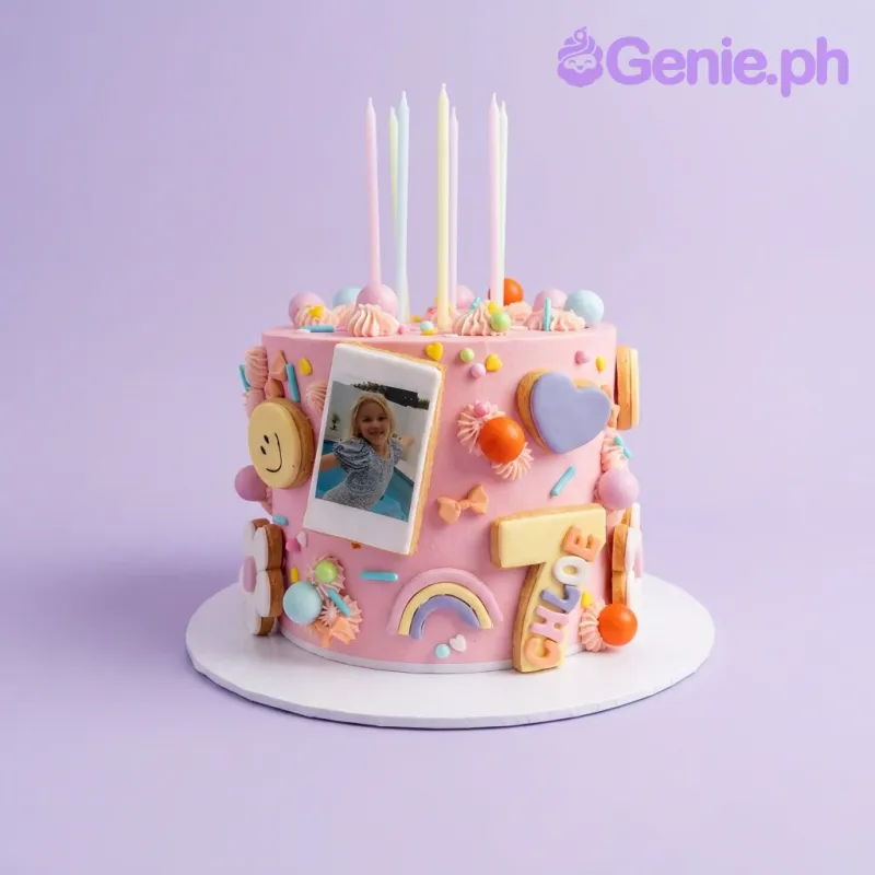 A pink 1-tier cake, themed Pink Photo, with a polaroid photo, rainbow, heart, smiley cookie toppers, and pastel candles. A pink 1-tier cake, themed Pink Photo, with a polaroid photo, rainbow, heart, smiley cookie toppers, and pastel candles.