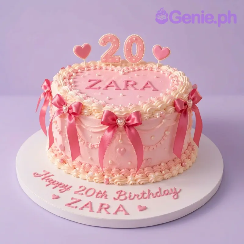 Pink heart-themed 20th birthday cake for Zara with pink satin bows, pearls, and heart toppers on a white baseboard. Pink heart-themed 20th birthday cake for Zara with pink satin bows, pearls, and heart toppers on a white baseboard.