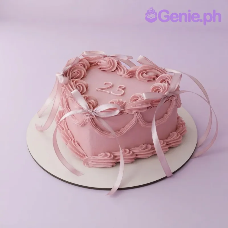 Pink heart cake with soft icing finish, piped rosettes, and light pink ribbon bows Pink heart cake with soft icing finish, piped rosettes, and light pink ribbon bows