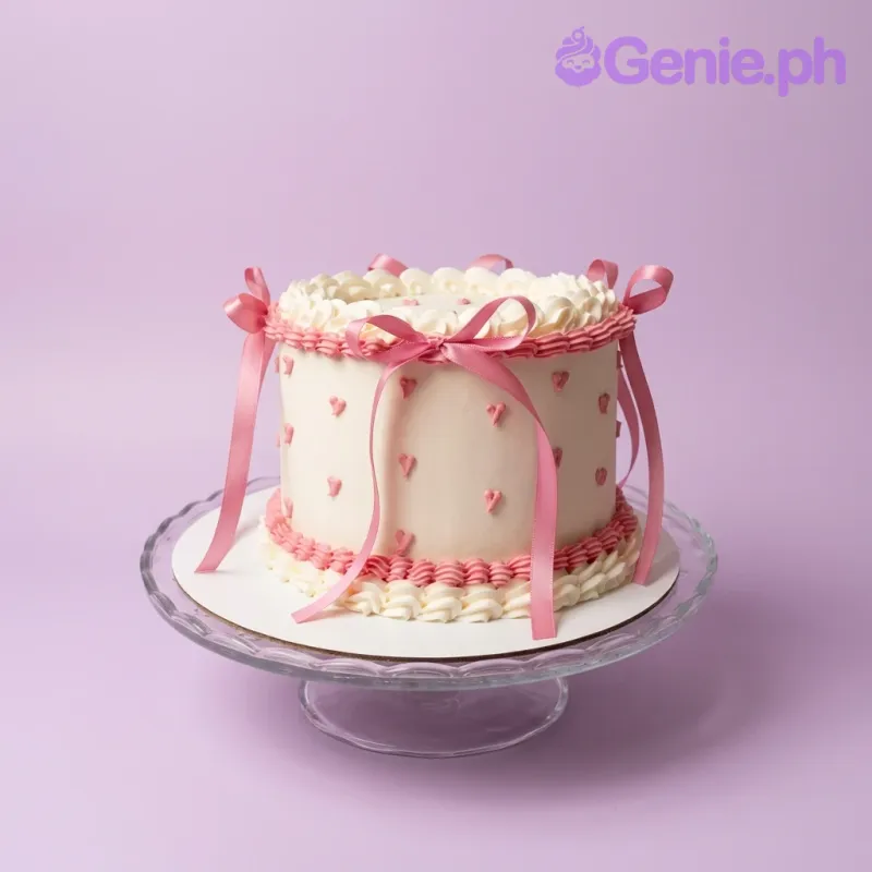 A white and pink single tier cake themed around Pink Ribbon Heart, featuring pink piped borders, pink icing hearts, and four pink satin ribbon bows. A white and pink single tier cake themed around Pink Ribbon Heart, featuring pink piped borders, pink icing hearts, and four pink satin ribbon bows.