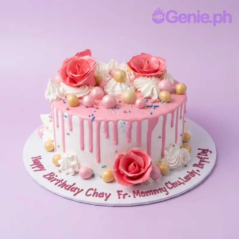 A pink and white 1-tier cake themed around pink roses, featuring edible pink roses, pink icing drip, and gold and pink spheres. A pink and white 1-tier cake themed around pink roses, featuring edible pink roses, pink icing drip, and gold and pink spheres.