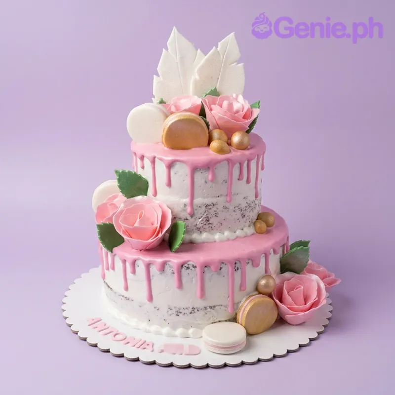 Two-tier semi-naked cake with pink icing drips, pink fondant roses, gold macarons, and gold spheres. Two-tier semi-naked cake with pink icing drips, pink fondant roses, gold macarons, and gold spheres.