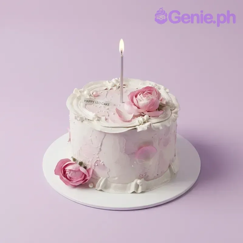 A white and pink 1-tier Pink Rose Minimalist cake, featuring a tall silver candle, pink icing roses, white pearls, and icing ruffles. A white and pink 1-tier Pink Rose Minimalist cake, featuring a tall silver candle, pink icing roses, white pearls, and icing ruffles.