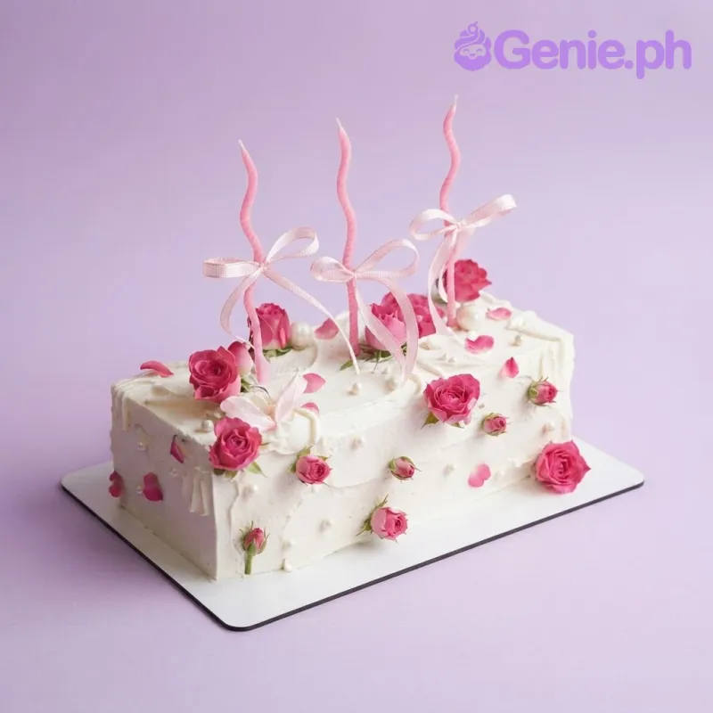 White rectangle cake with soft icing finish, pink roses, and pink spiral birthday candles White rectangle cake with soft icing finish, pink roses, and pink spiral birthday candles