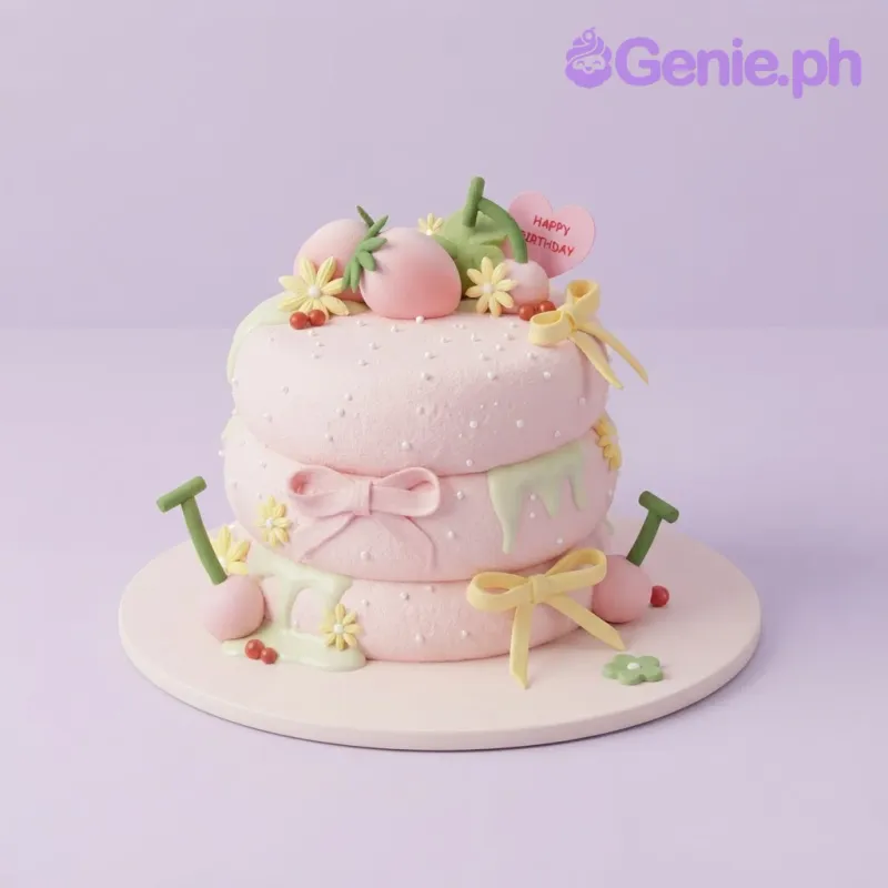 Pink 1-tier birthday cake with strawberry and heart toppers and green drip Pink 1-tier birthday cake with strawberry and heart toppers and green drip