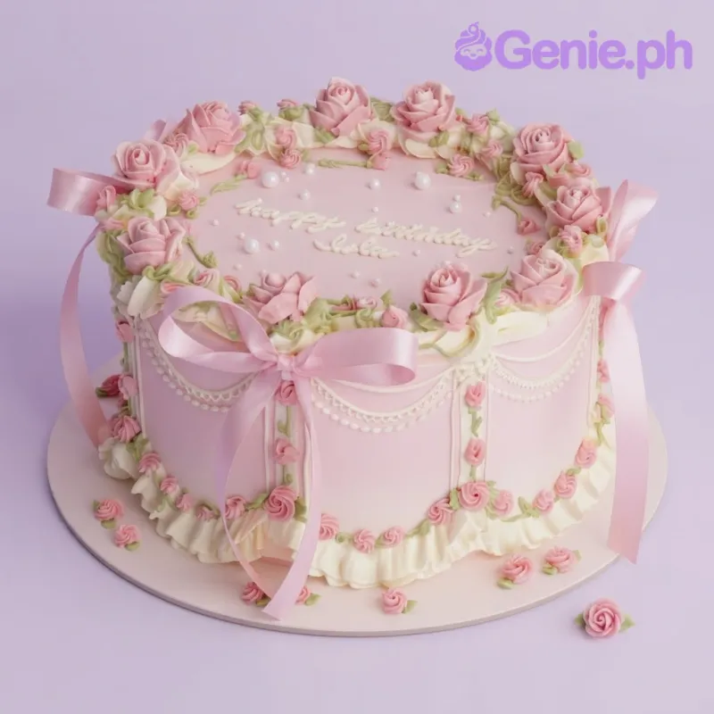 Light pink 1-tier fondant cake with smooth icing, pink rose edible flowers, and ivory ruffles