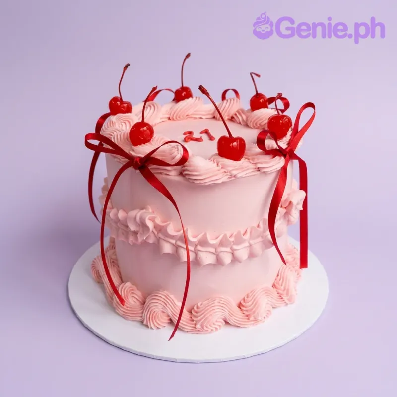 A pink and red 1-tier Pink Vintage Cherry cake, featuring a '21' message, piped ruffles, red cherries, and satin bows. A pink and red 1-tier Pink Vintage Cherry cake, featuring a '21' message, piped ruffles, red cherries, and satin bows.