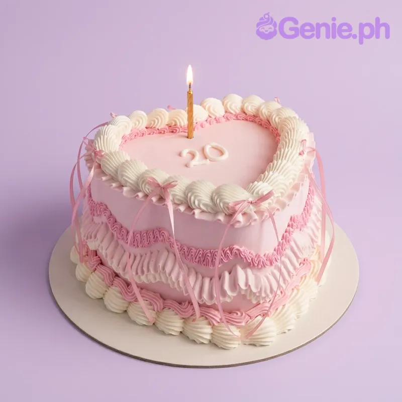 A pink and white 1-tier cake themed Pink Vintage Heart, with a gold candle, "20" letters, pink ruffles, and white borders. A pink and white 1-tier cake themed Pink Vintage Heart, with a gold candle, "20" letters, pink ruffles, and white borders.