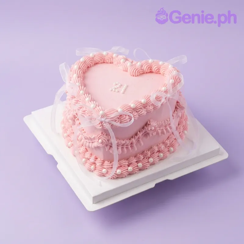 A pink and white heart-shaped 1-tier cake themed around Pink Vintage, featuring "21" icing text, pink ruffles, white pearls, and white ribbon bows.