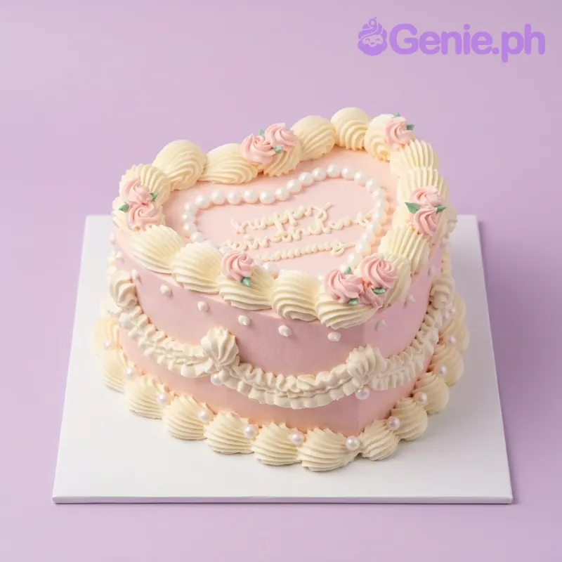A pink and white 1-tier heart cake themed Vintage, featuring pink rosettes, white icing ruffles, and an edible pearl heart border. A pink and white 1-tier heart cake themed Vintage, featuring pink rosettes, white icing ruffles, and an edible pearl heart border.