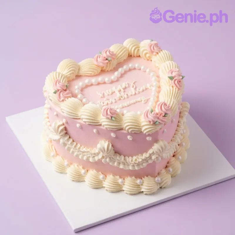 A pink 1 Tier cake themed around Pink Vintage Heart, featuring 'Happy Birthday' text, white ruffles, pink roses, and pearl borders. A pink 1 Tier cake themed around Pink Vintage Heart, featuring 'Happy Birthday' text, white ruffles, pink roses, and pearl borders.