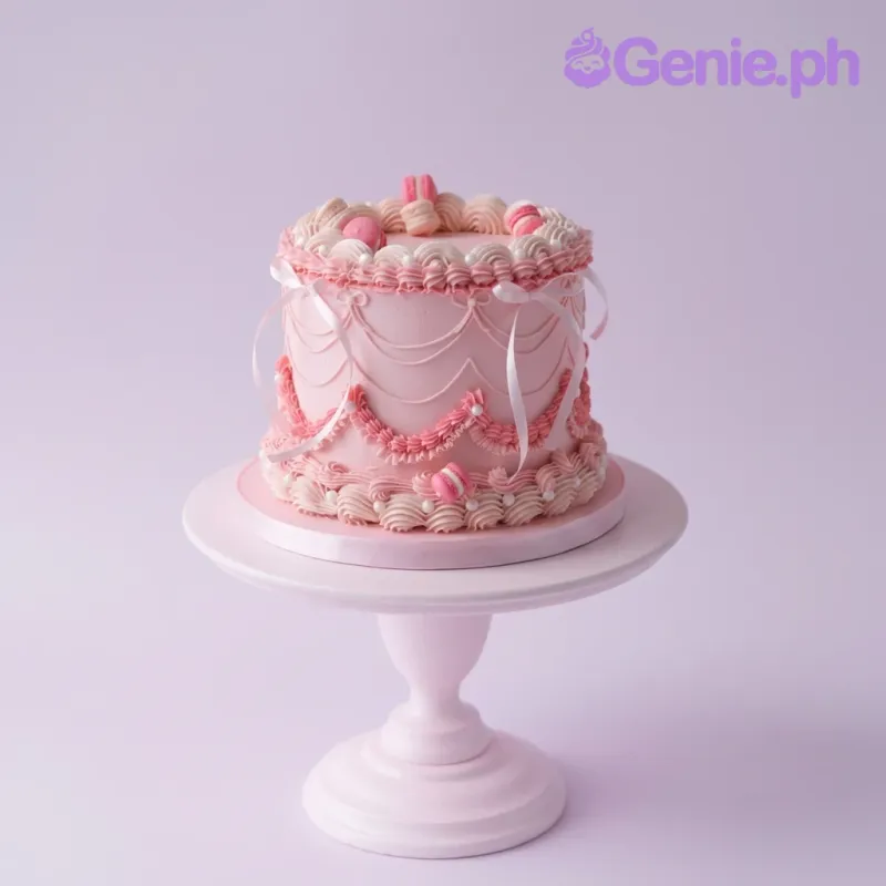 A pink and white 1-tier Pink Vintage cake, featuring pink macarons, white pearls, ruffles, and piped swags. A pink and white 1-tier Pink Vintage cake, featuring pink macarons, white pearls, ruffles, and piped swags.