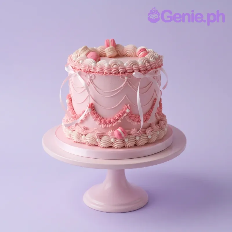 A pink and white 1-tier Pink Vintage cake, with pink macarons, white pearls, ruffles, swags, and white ribbons.