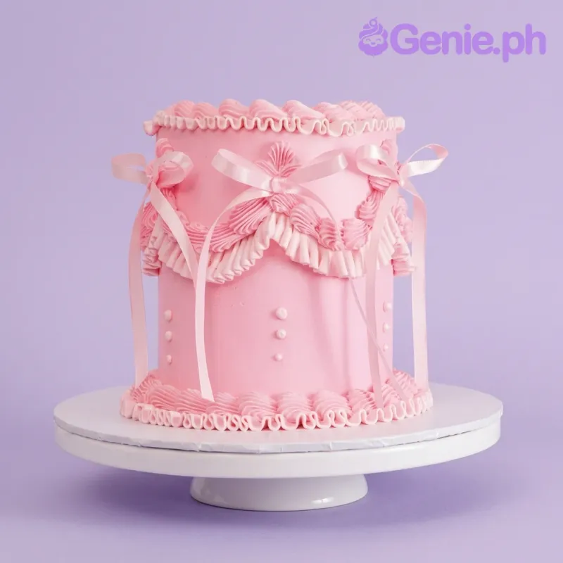 A pink 1-tier cake themed around Pink Vintage, featuring intricate icing ruffles, piped borders, and light pink satin ribbons. A pink 1-tier cake themed around Pink Vintage, featuring intricate icing ruffles, piped borders, and light pink satin ribbons.