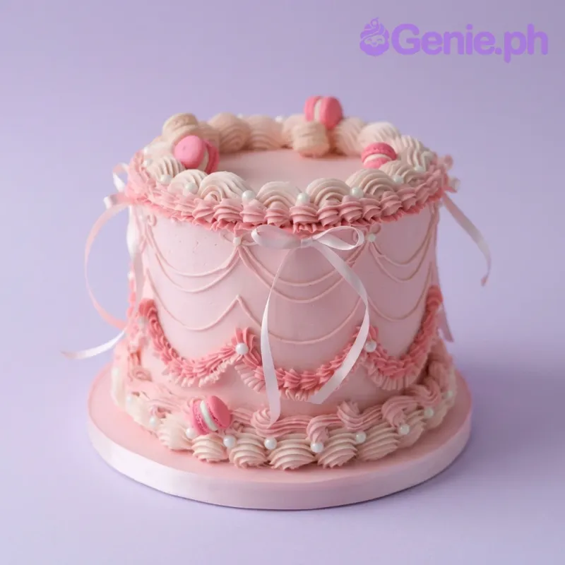 A pink and white 1-tier cake, Pink Vintage themed, featuring pink macarons, piped ruffles, swags, pearls, and satin ribbons.