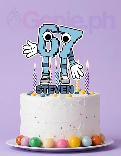 A white 1-tier Pixel Number 67 cake featuring a pixelated 67 character topper, colorful spiral candles, sprinkles, and 'STEVEN'. A white 1-tier Pixel Number 67 cake featuring a pixelated 67 character topper, colorful spiral candles, sprinkles, and 'STEVEN'.