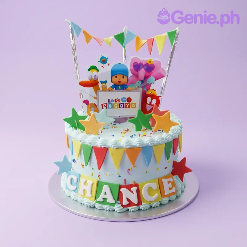 A light blue 1 Tier Pocoyo cake with a character printout, colorful bunting, star toppers, and 'CHANCE' lettering. A light blue 1 Tier Pocoyo cake with a character printout, colorful bunting, star toppers, and 'CHANCE' lettering.