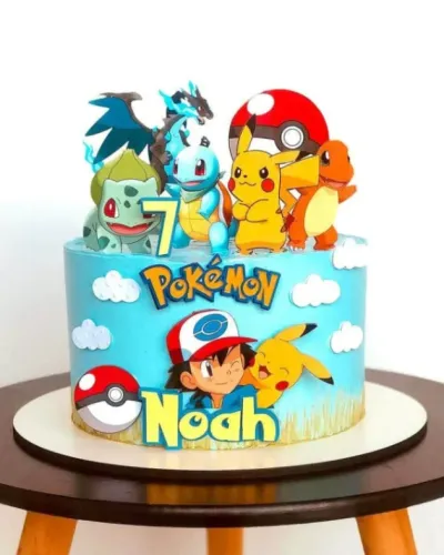 Sky blue 1-tier cake with soft icing, Pokemon Birthday theme, and pokemon character printouts Sky blue 1-tier cake with soft icing, Pokemon Birthday theme, and pokemon character printouts