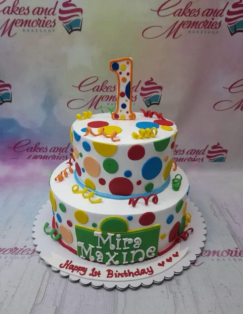 A white and colorful 2-tier Polka Dot Birthday cake, featuring a large number 1 topper, multi-colored polka dots, and a green name plaque. A white and colorful 2-tier Polka Dot Birthday cake, featuring a large number 1 topper, multi-colored polka dots, and a green name plaque.