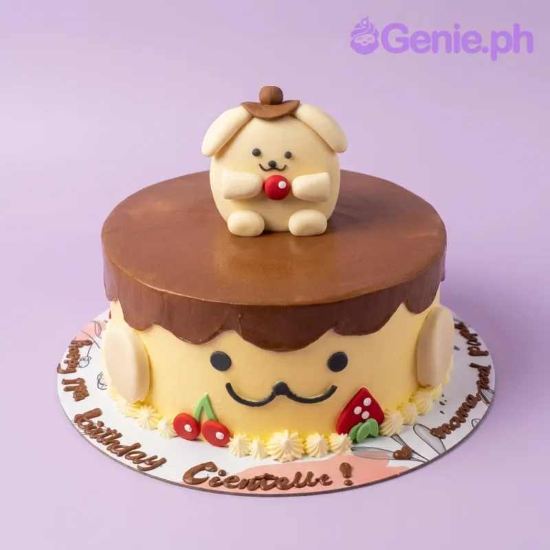 A yellow and brown 1-tier Pompompurin cake, featuring a 3D fondant Pompompurin figure, chocolate drip, and edible fruit. A yellow and brown 1-tier Pompompurin cake, featuring a 3D fondant Pompompurin figure, chocolate drip, and edible fruit.