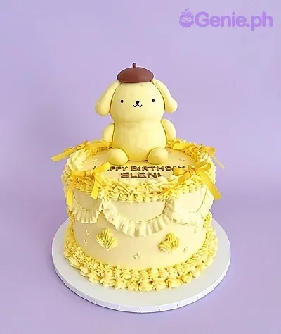 A yellow 1-tier Pompompurin themed cake, featuring a Pompompurin character topper, ruffled icing, and a 'HAPPY BIRTHDAY ELENI' message. A yellow 1-tier Pompompurin themed cake, featuring a Pompompurin character topper, ruffled icing, and a 'HAPPY BIRTHDAY ELENI' message.