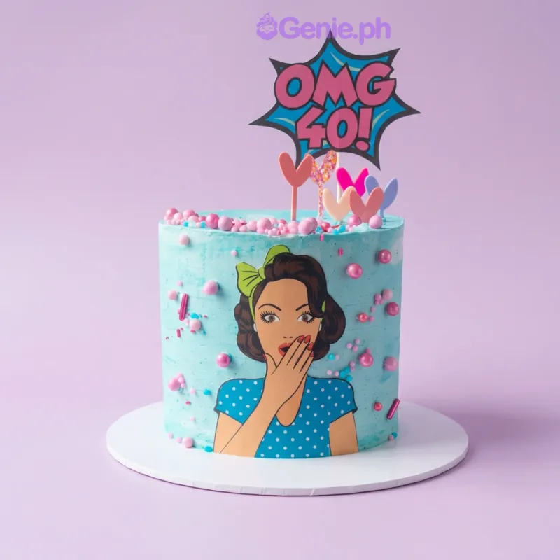 Light blue 1-tier birthday cake with a pop art woman printout and a pink OMG 40 starburst topper Light blue 1-tier birthday cake with a pop art woman printout and a pink OMG 40 starburst topper