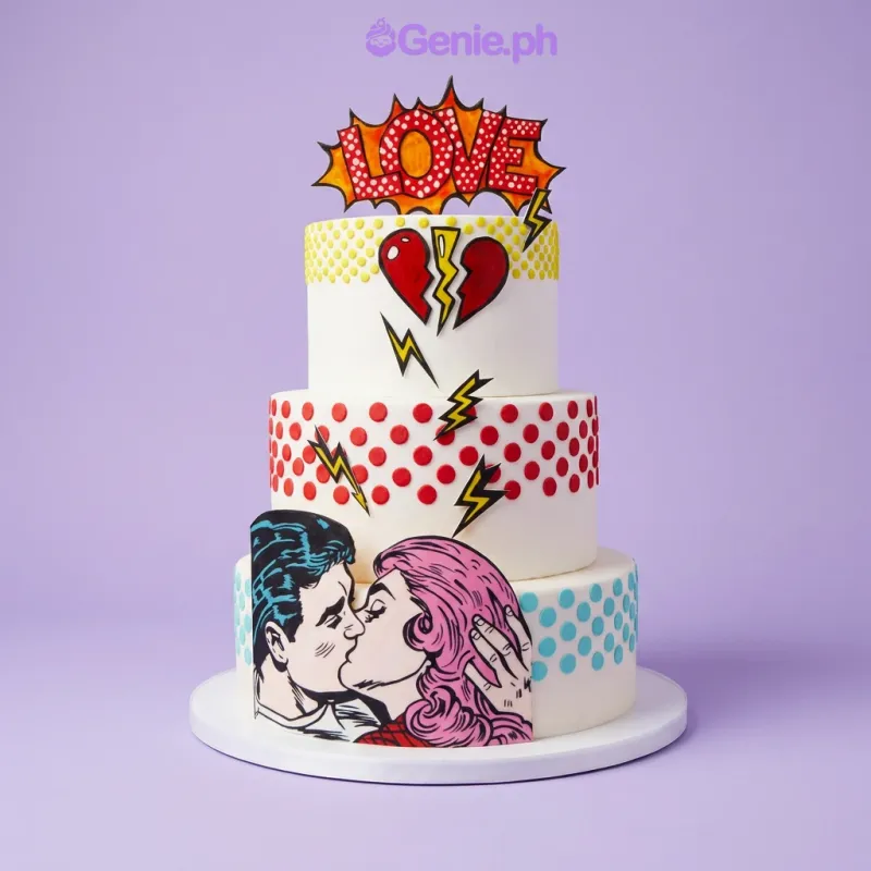 White 3-tier pop art cake with comic book style kissing couple printout and red yellow and blue dot patterns White 3-tier pop art cake with comic book style kissing couple printout and red yellow and blue dot patterns