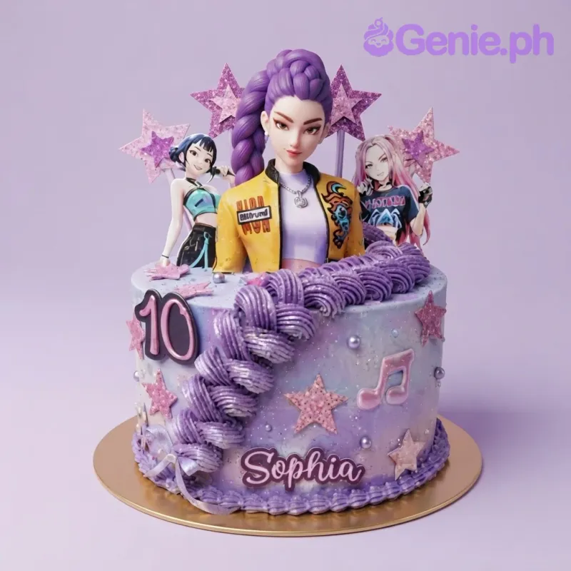 Lavender and purple 1-tier soft icing cake with a pop star character printout, a piped hair braid, and glitter star toppers Lavender and purple 1-tier soft icing cake with a pop star character printout, a piped hair braid, and glitter star toppers