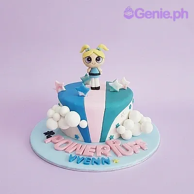 A blue, pink, and teal 1 Tier Fondant cake themed around Powerpuff Girls Bubbles, featuring a Bubbles figurine, stripes, and white clouds. A blue, pink, and teal 1 Tier Fondant cake themed around Powerpuff Girls Bubbles, featuring a Bubbles figurine, stripes, and white clouds.
