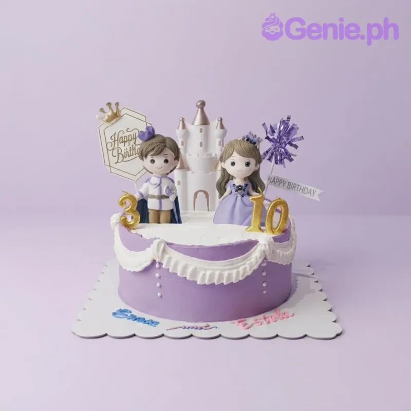 Lavender 1 tier cake with smooth soft icing, princess and prince birthday theme, and a white fondant castle with figures Lavender 1 tier cake with smooth soft icing, princess and prince birthday theme, and a white fondant castle with figures