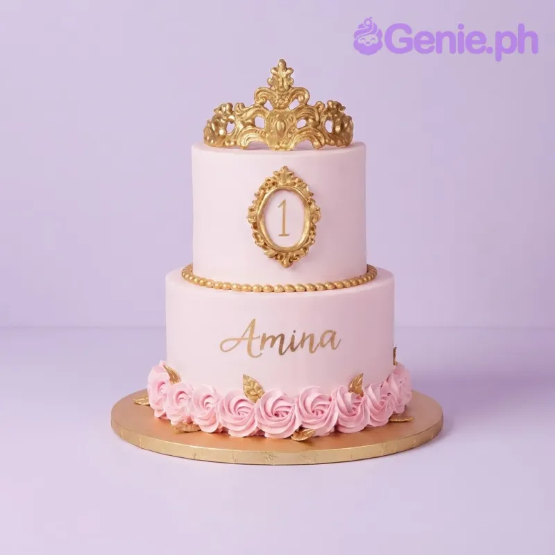 Light pink 2-tier fondant cake with a gold crown topper, a gold frame plaque with the number one, and a base border of pink rosettes Light pink 2-tier fondant cake with a gold crown topper, a gold frame plaque with the number one, and a base border of pink rosettes