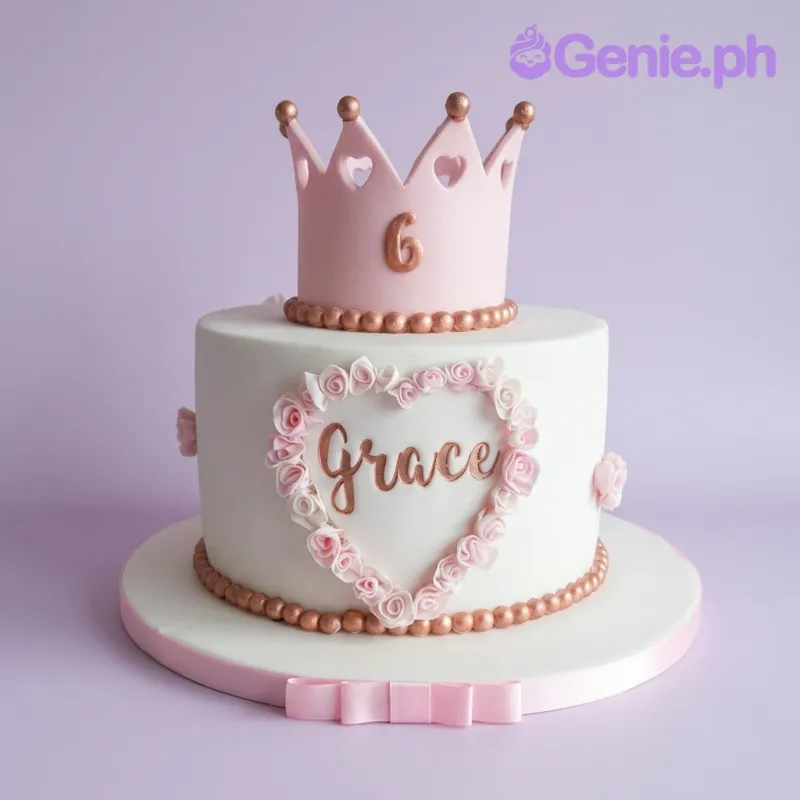 A white and pink 1 Tier Fondant Princess Crown cake, featuring a pink crown topper, gold bead border, and a pink rosette heart frame around "Grace". A white and pink 1 Tier Fondant Princess Crown cake, featuring a pink crown topper, gold bead border, and a pink rosette heart frame around "Grace".