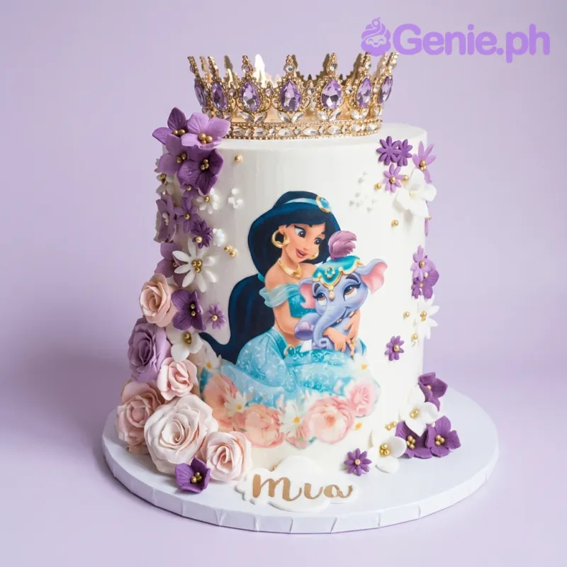 A white 1 Tier Jasmine-themed cake, featuring a gold crown, Jasmine and elephant print, and purple and pink flowers. A white 1 Tier Jasmine-themed cake, featuring a gold crown, Jasmine and elephant print, and purple and pink flowers.