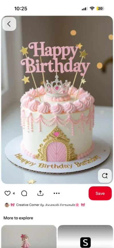 A white and pink 1-Tier Princess cake, featuring a silver rhinestone tiara, pink Happy Birthday topper, and pink icing rosettes. A white and pink 1-Tier Princess cake, featuring a silver rhinestone tiara, pink Happy Birthday topper, and pink icing rosettes.