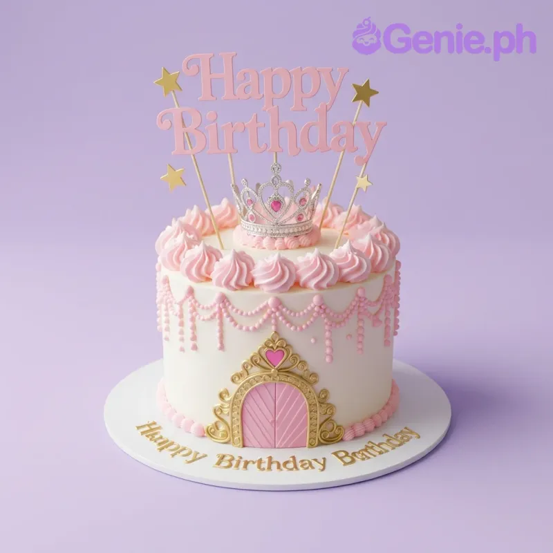 A white and pink 1-Tier Princess cake, featuring a silver rhinestone tiara, pink Happy Birthday topper, and pink icing rosettes. A white and pink 1-Tier Princess cake, featuring a silver rhinestone tiara, pink Happy Birthday topper, and pink icing rosettes.