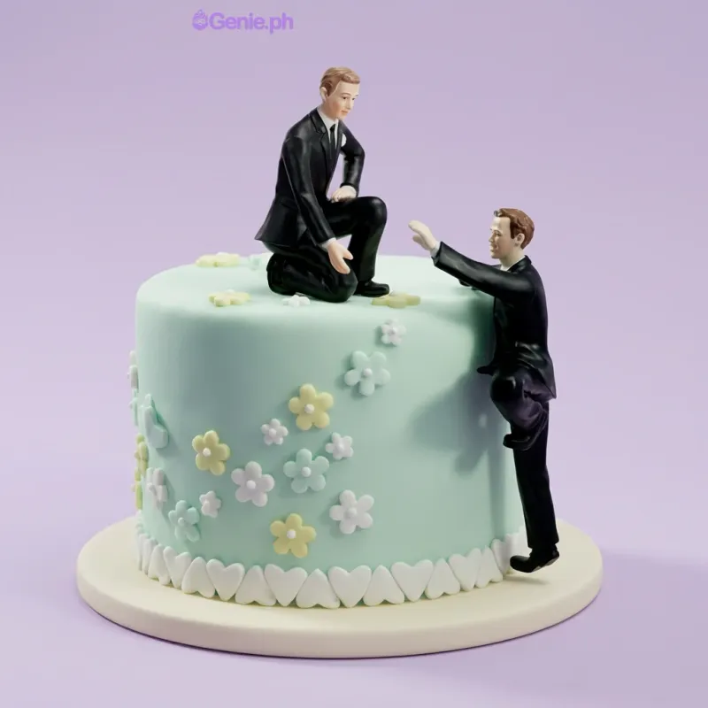 Mint green 1-tier fondant cake with two male figurines in suits and small white and yellow flowers Mint green 1-tier fondant cake with two male figurines in suits and small white and yellow flowers
