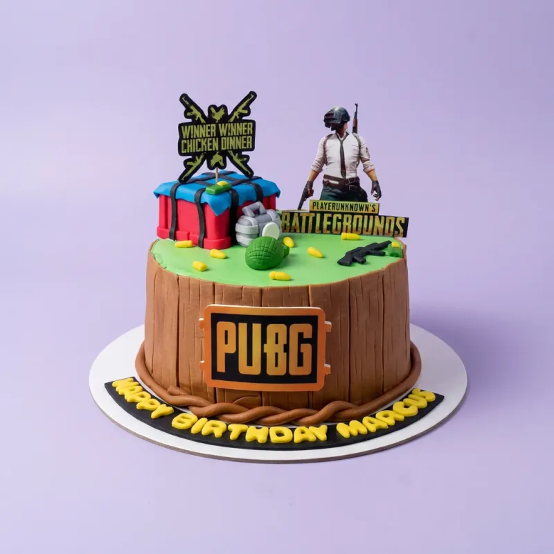 A wood-textured brown and green 1 Tier Fondant cake themed around PUBG, featuring a character and a supply crate. A wood-textured brown and green 1 Tier Fondant cake themed around PUBG, featuring a character and a supply crate.