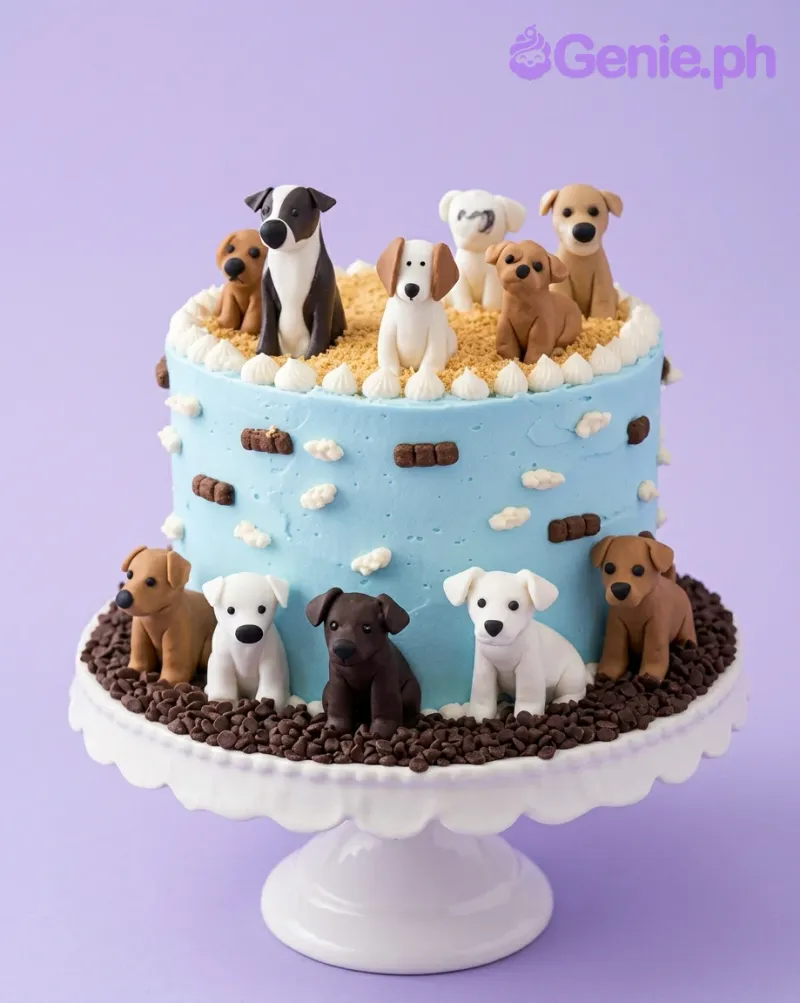 A light blue 1-Tier Puppy Dog cake, featuring multiple hand-sculpted fondant puppies, chocolate bone accents, and white icing dollops. A light blue 1-Tier Puppy Dog cake, featuring multiple hand-sculpted fondant puppies, chocolate bone accents, and white icing dollops.