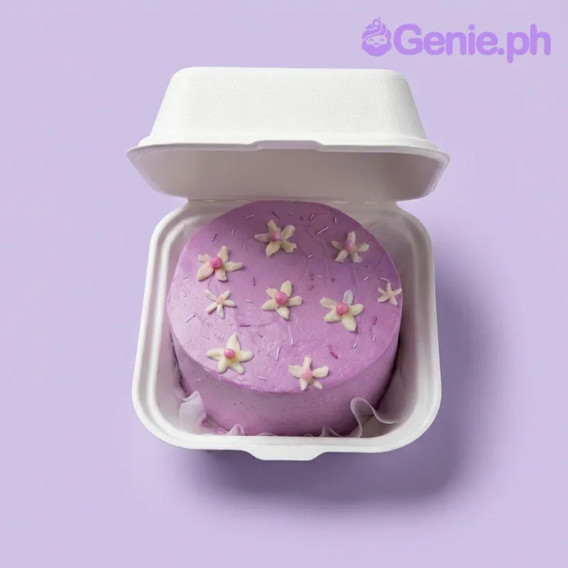 A purple and white Bento cake themed around floral design, featuring white piped icing flowers with pink sugar pearls and white sprinkles. A purple and white Bento cake themed around floral design, featuring white piped icing flowers with pink sugar pearls and white sprinkles.