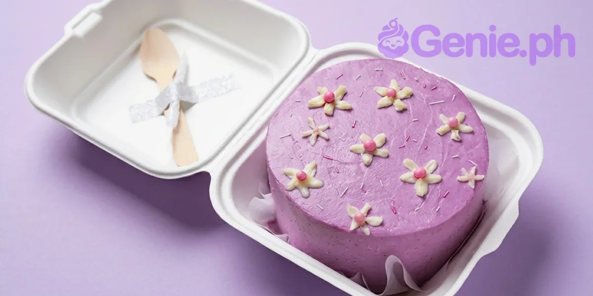 A purple bento cake themed around Purple Floral, featuring white icing flowers with pink pearl centers and purple sprinkle strands. A purple bento cake themed around Purple Floral, featuring white icing flowers with pink pearl centers and purple sprinkle strands.