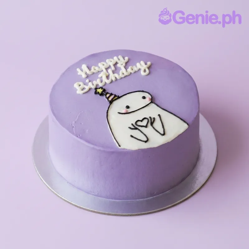 A purple and white Bento cake themed around Flork, featuring a white minimalist character wearing a party hat, "Happy Birthday" and "you" icing text. A purple and white Bento cake themed around Flork, featuring a white minimalist character wearing a party hat, "Happy Birthday" and "you" icing text.