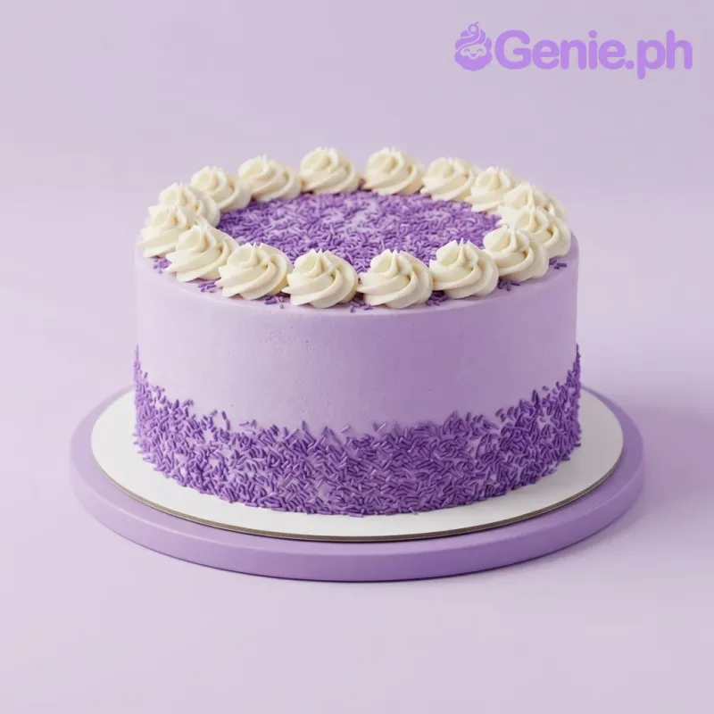 Purple 1-tier cake with smooth soft icing, piped white icing rosettes on top, and purple sprinkles on the top and base Purple 1-tier cake with smooth soft icing, piped white icing rosettes on top, and purple sprinkles on the top and base