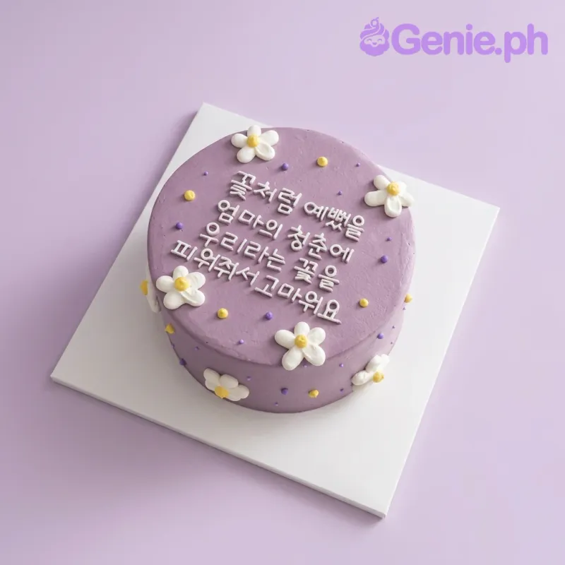 A purple, white, and yellow 1 Tier cake themed around minimalism, featuring a Korean message and white icing flowers with yellow centers. A purple, white, and yellow 1 Tier cake themed around minimalism, featuring a Korean message and white icing flowers with yellow centers.