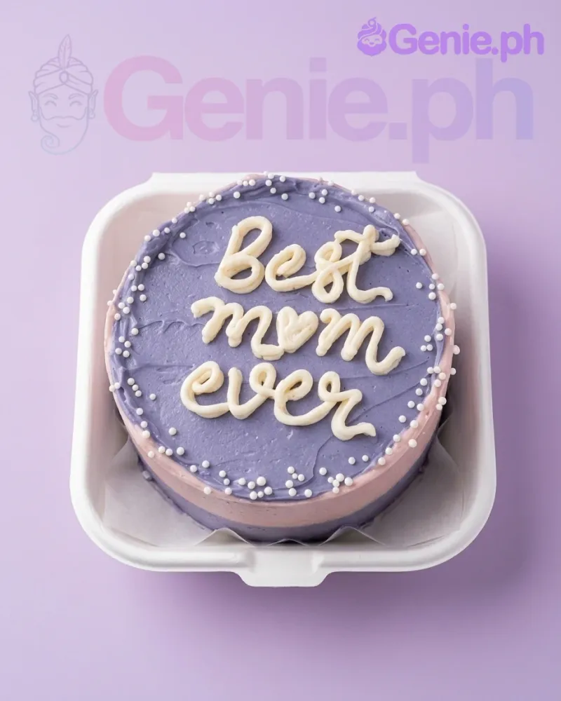 A purple and white Bento cake, themed for celebrating mothers, featuring white piped text 'Best Mom Ever' and white pearl sprinkles. A purple and white Bento cake, themed for celebrating mothers, featuring white piped text 'Best Mom Ever' and white pearl sprinkles.